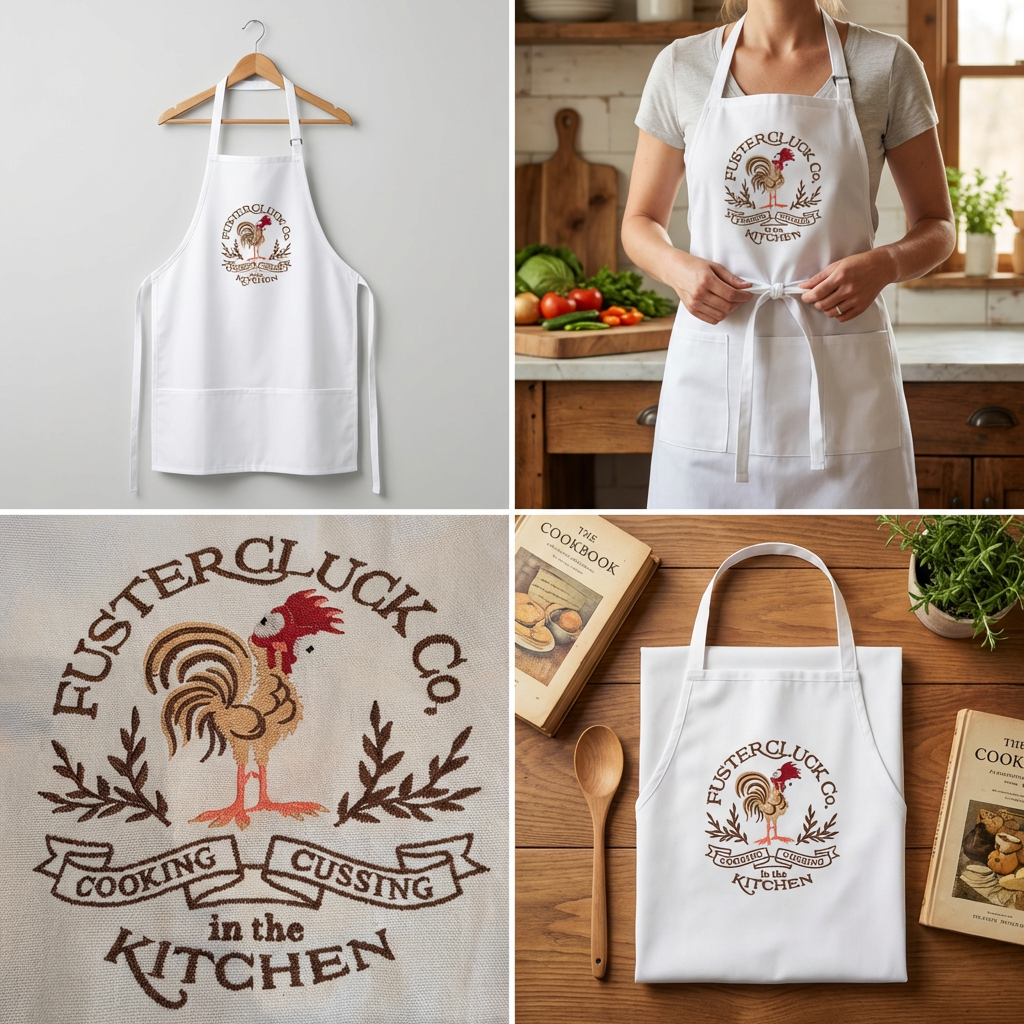 FusterCluck Co. Black Embroidered Apron – Funny Kitchen Apron with Rooster Design, Durable Cotton, Adjustable Fit & Pockets