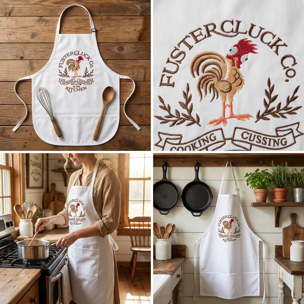 FusterCluck Co. Black Embroidered Apron – Funny Kitchen Apron with Rooster Design, Durable Cotton, Adjustable Fit & Pockets