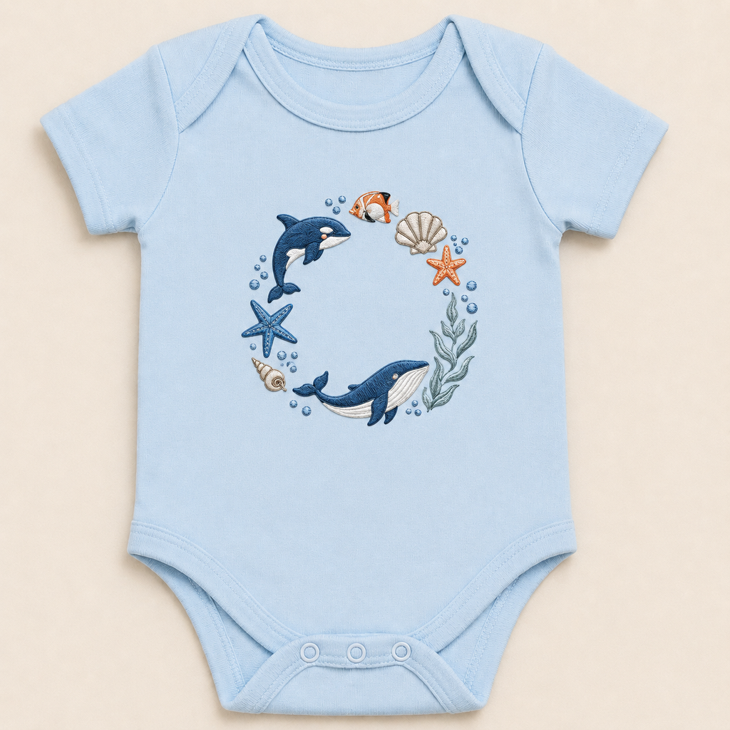 Ocean Friends Embroidered Baby Onesie | Coastal Whale Baby Bodysuit | Sea Life Baby Gift | Personalized Beach Baby Outfit