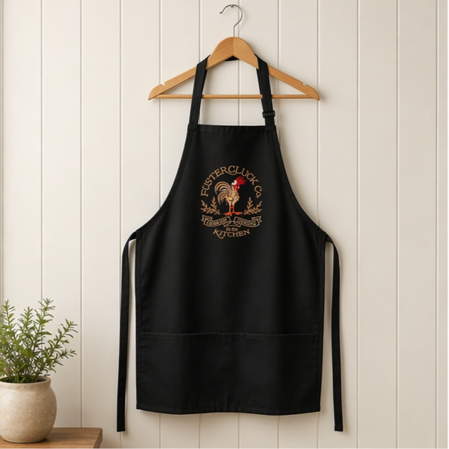 FusterCluck Co. Black Embroidered Apron – Funny Kitchen Apron with Rooster Design, Durable Cotton, Adjustable Fit & Pockets
