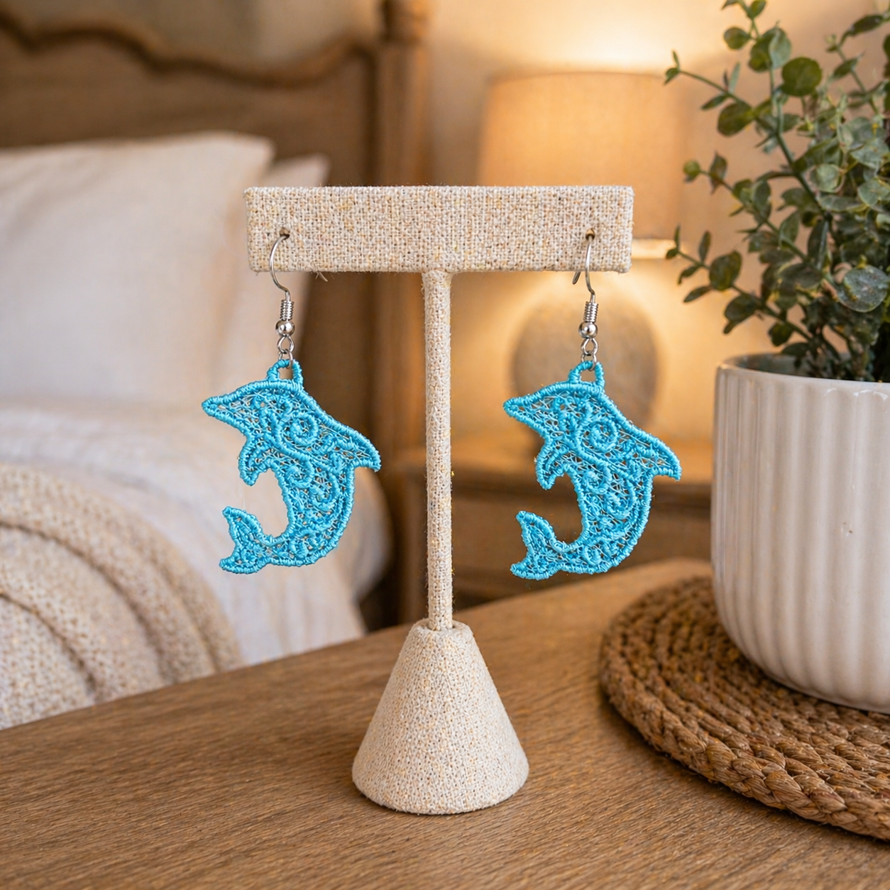 Coastal Dolphin Embroidered Lace Earrings – Lightweight Jewelry