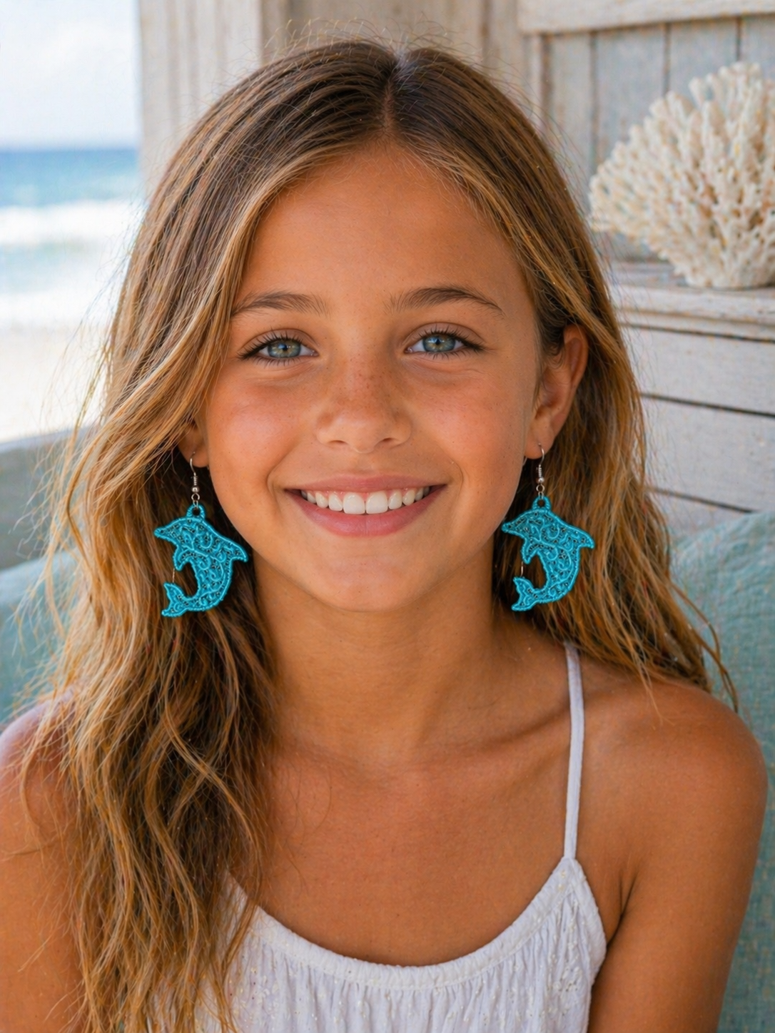 Coastal Dolphin Embroidered Lace Earrings – Lightweight Jewelry