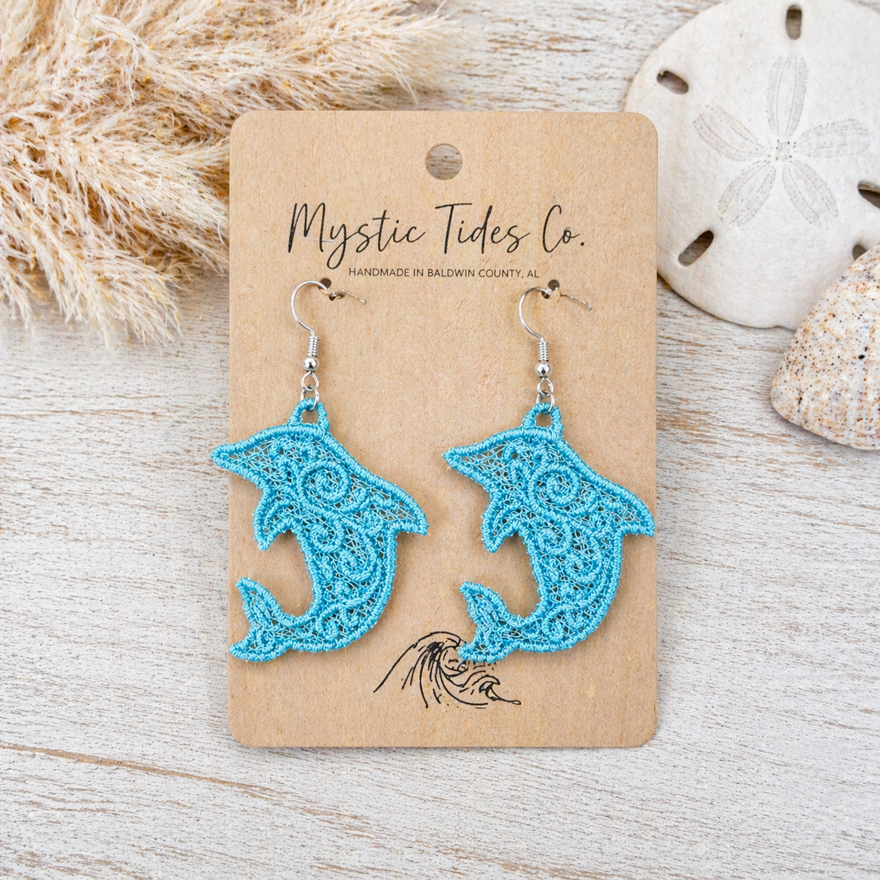 Coastal Dolphin Embroidered Lace Earrings – Lightweight Jewelry