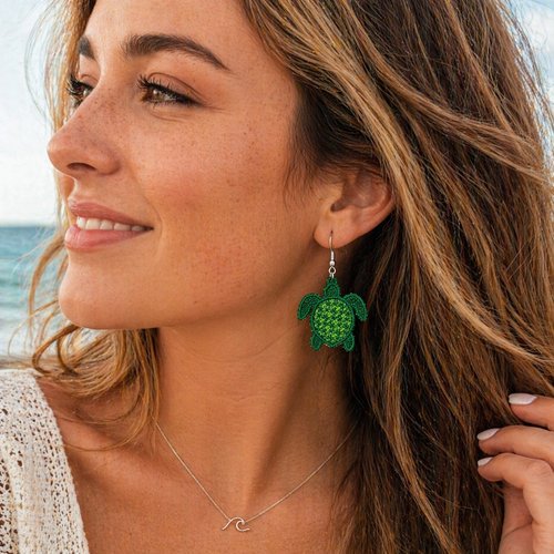 Coastal Turtle Embroidered Lace Earrings – Lightweight Jewelry