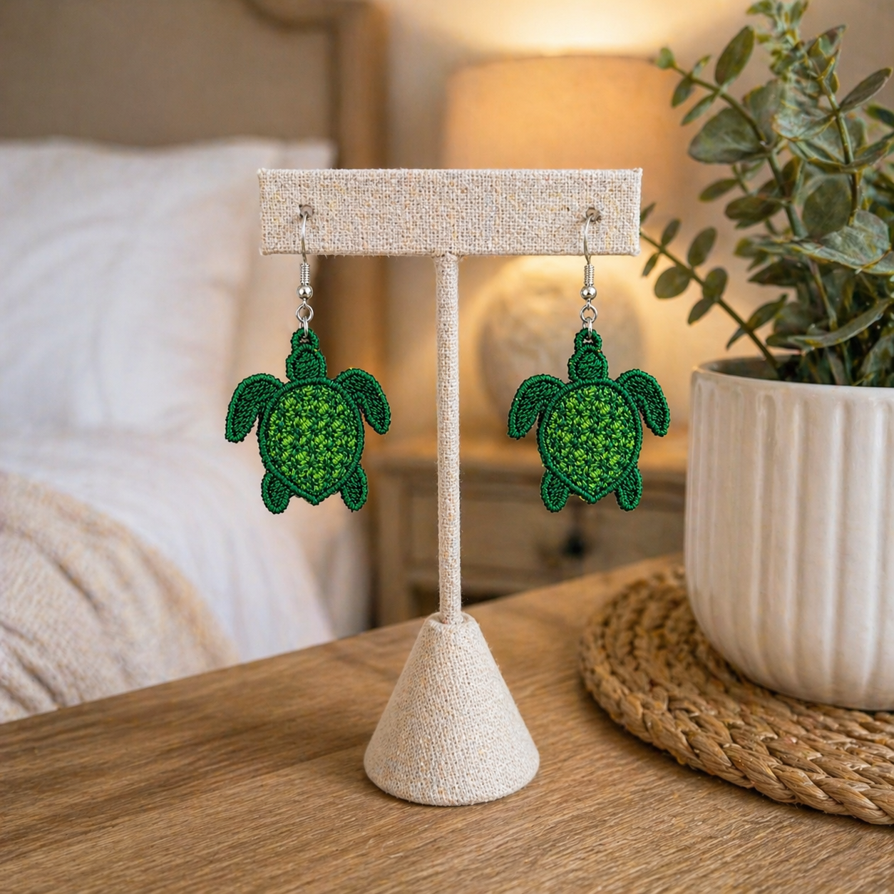 Coastal Turtle Embroidered Lace Earrings – Lightweight Jewelry