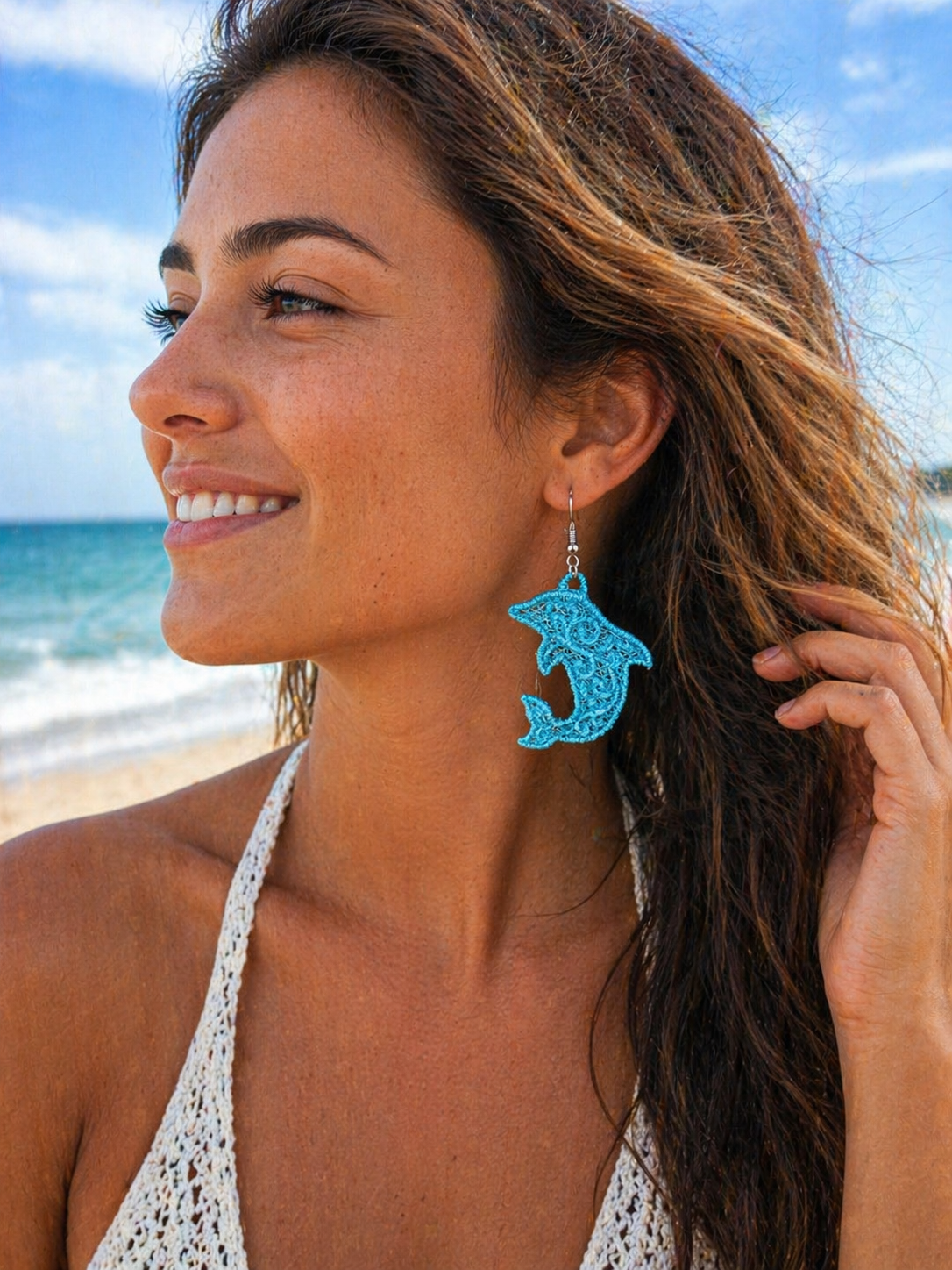 Coastal Dolphin Embroidered Lace Earrings – Lightweight Jewelry